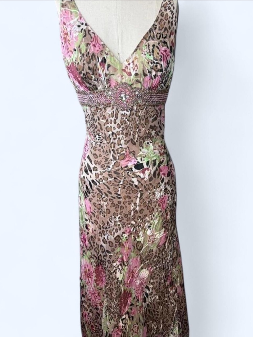 Marsoni Floral Leopard Print V-Neck Evening Dress — Pink/Brown